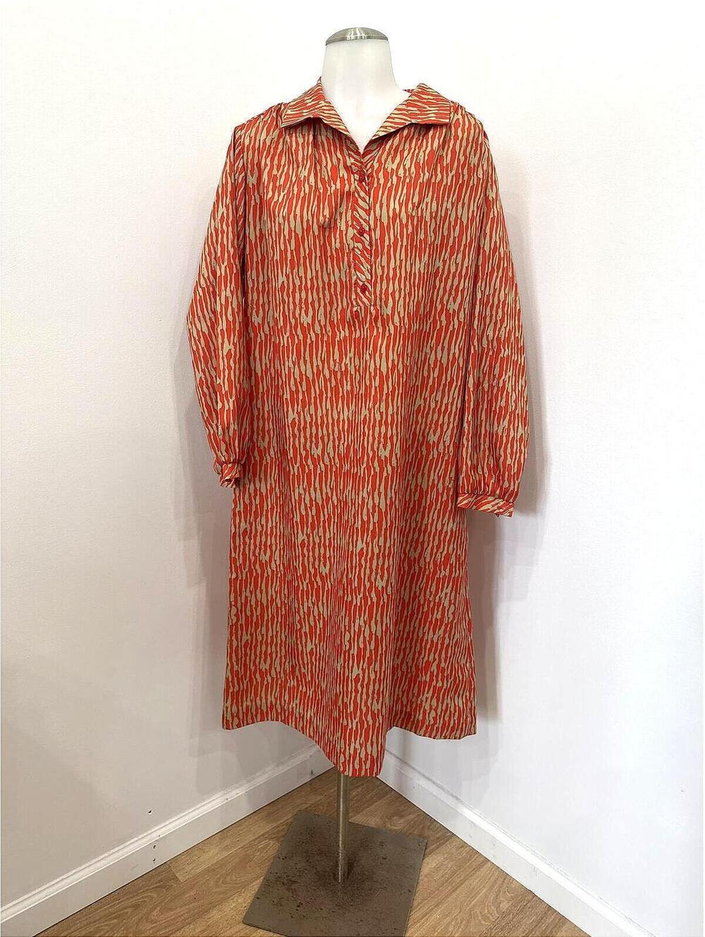 70s Forever Young Orange and Beige Patterned Long Sleeve Dress